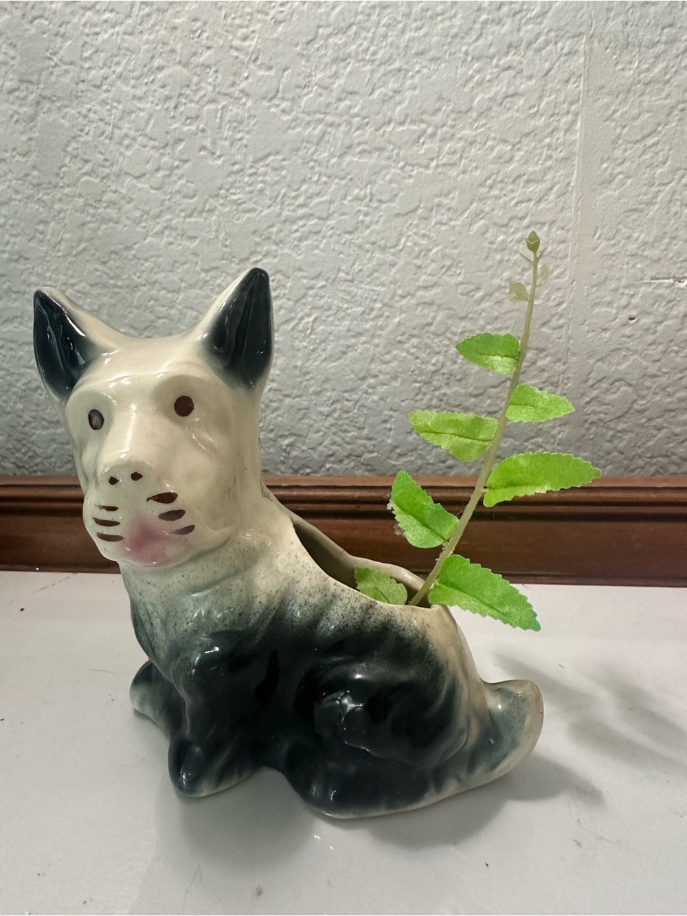 Ceramic terrier Dog Planter in Cream and black